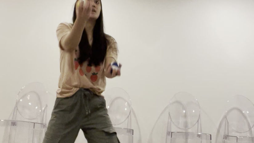 Reciting Sonnet 43 while juggling on a balance board